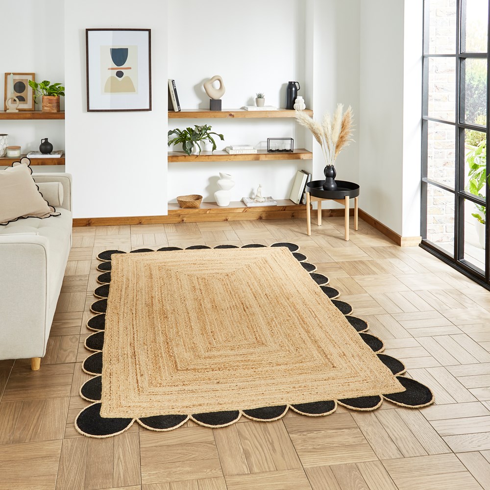 Savannah Jute Scallop Plain Flat Weave Rugs in Black